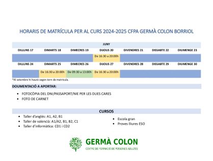 MATRÍCULA PER AL CURS 24/25 AL CFPA GERMÀ COLON EXT.  BORRIOL (Escola d’Adults)